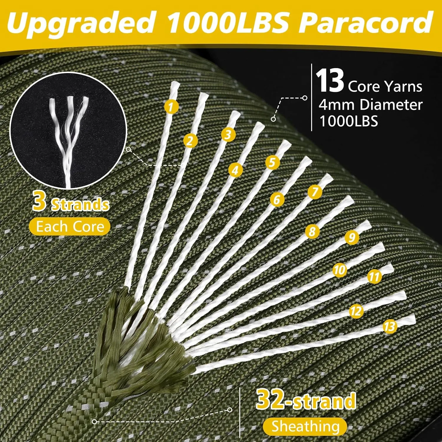 X XBEN Paracord Reflective 1000lb, 50/100/200/500/1000ft 4mm, 13 Strand Parachute Spool Cord, Survival Rope for Camping, Fishing, Hiking, Tent, Clothesline, DIY Crafts & Survival Bracelet, Neon Green