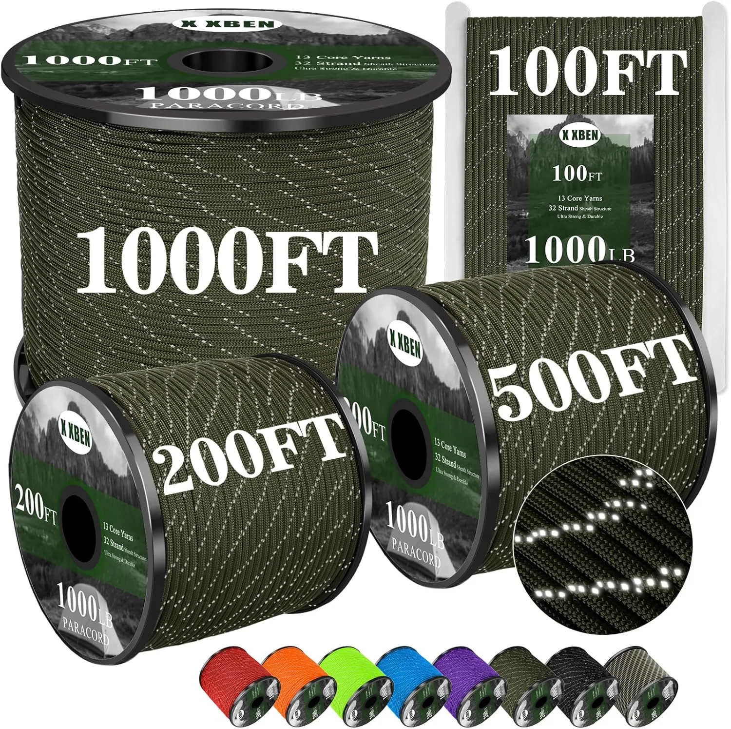 X XBEN Paracord Reflective 1000lb, 50/100/200/500/1000ft 4mm, 13 Strand Paracord Rope, Tactical Parachute Cord for Camping, Fishing, Clothesline, Hammock, Tent & Survival Bracelet, Army Green