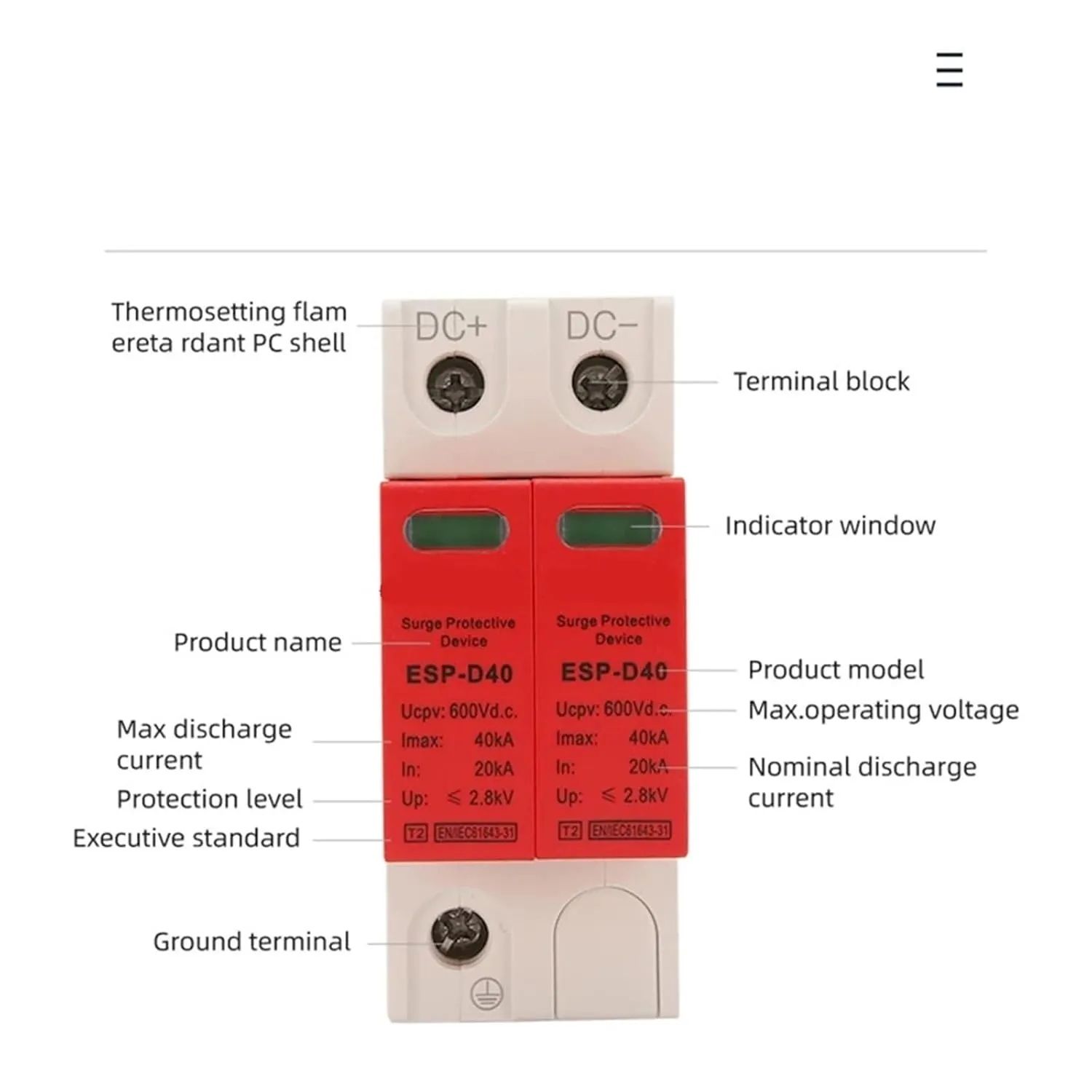 XIONGISOLAR ESP-04 2P Solar Photovoltaic Low Voltage Rail DC 600V 1000V 20KA-40KA Surge Protection Device Lightning Arrester SPD(2P 20-40KA 600V)