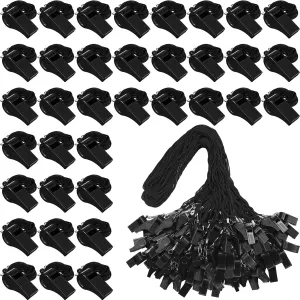 Xuhal 200 Pack Plastic Whistles with Lanyard Bulk Black Coach Whistles Referees Whistles Loud Crisp Sound Whistles for School Student Training Emergency Sports Party Fillers