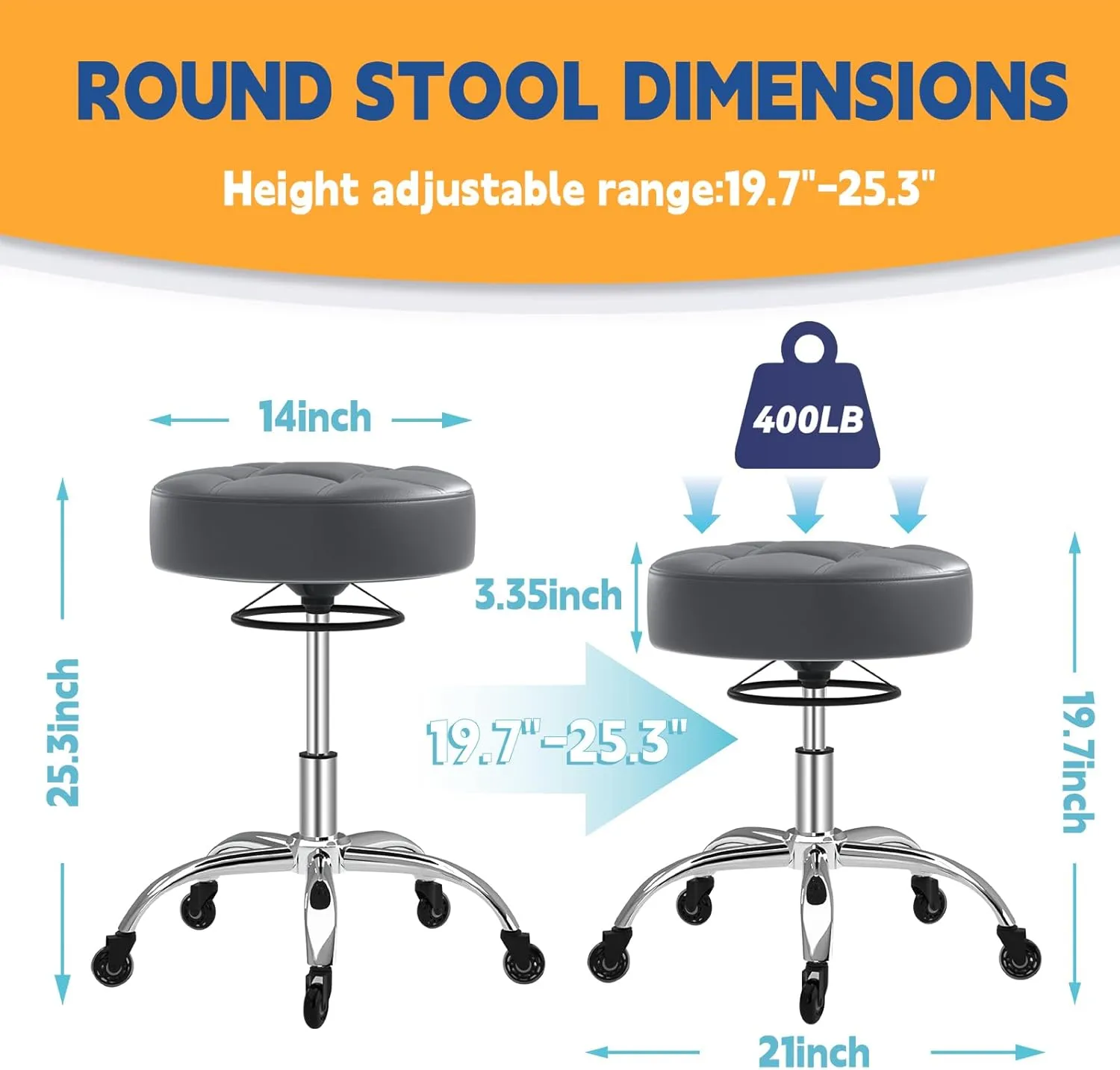 YEEZEE Rolling Stool Heavy Duty 400lb: Super Soft Seat Cushion,360° Swive,Height Adjustability,No Squeaky Noises,No Tip Over,New Upgraded Salon Stool Chair, Tattoo Facial Massage Spa Medical (Grey1)