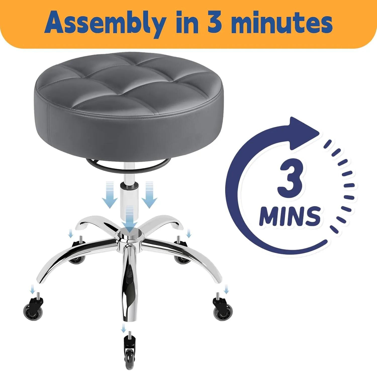 YEEZEE Rolling Stool Heavy Duty 400lb: Super Soft Seat Cushion,360° Swive,Height Adjustability,No Squeaky Noises,No Tip Over,New Upgraded Salon Stool Chair, Tattoo Facial Massage Spa Medical (Grey1)