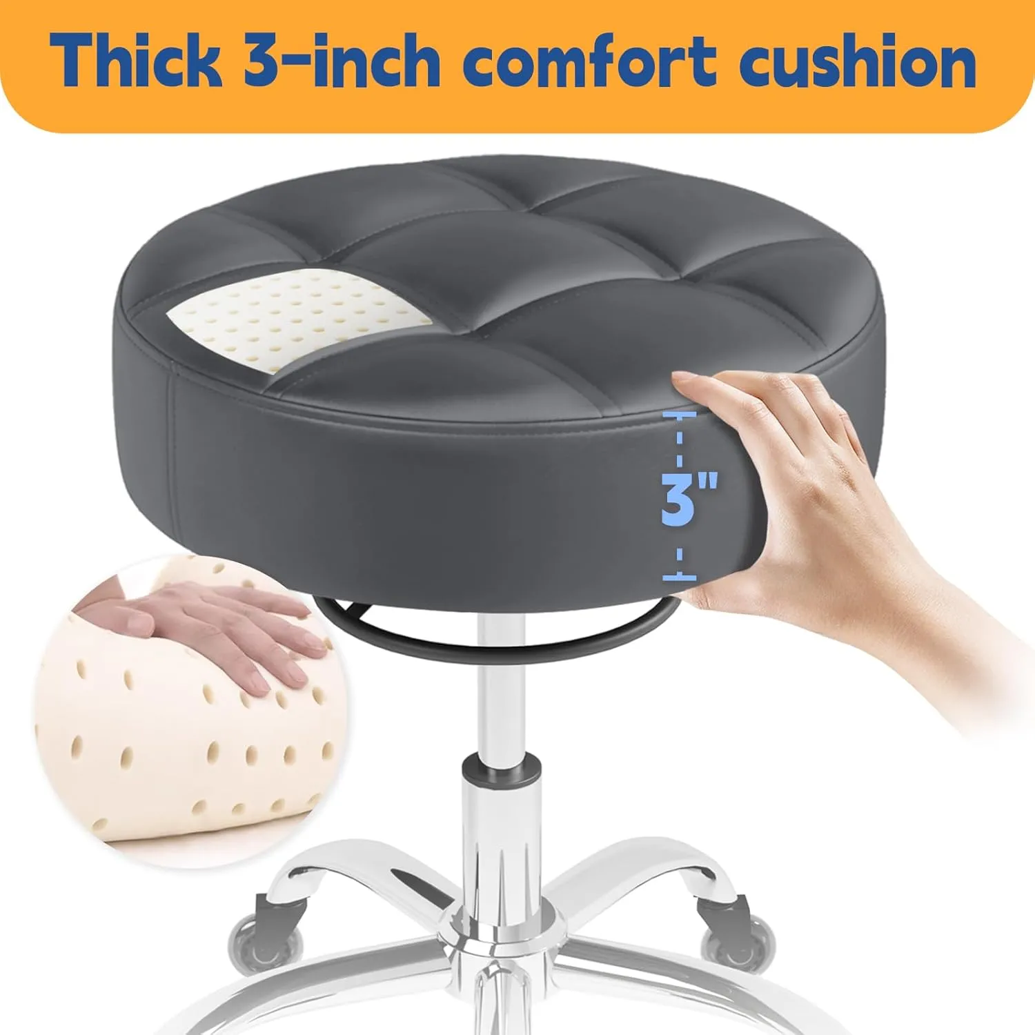 YEEZEE Rolling Stool Heavy Duty 400lb: Super Soft Seat Cushion,360° Swive,Height Adjustability,No Squeaky Noises,No Tip Over,New Upgraded Salon Stool Chair, Tattoo Facial Massage Spa Medical (Grey1)