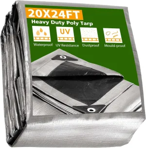 Yescom 20x24FT 14 Mil Heavy Duty Reinforced Poly Tarp Reversible Waterproof Tarpaulin Ground Sheet Cover Reversible Silver Black Tarps