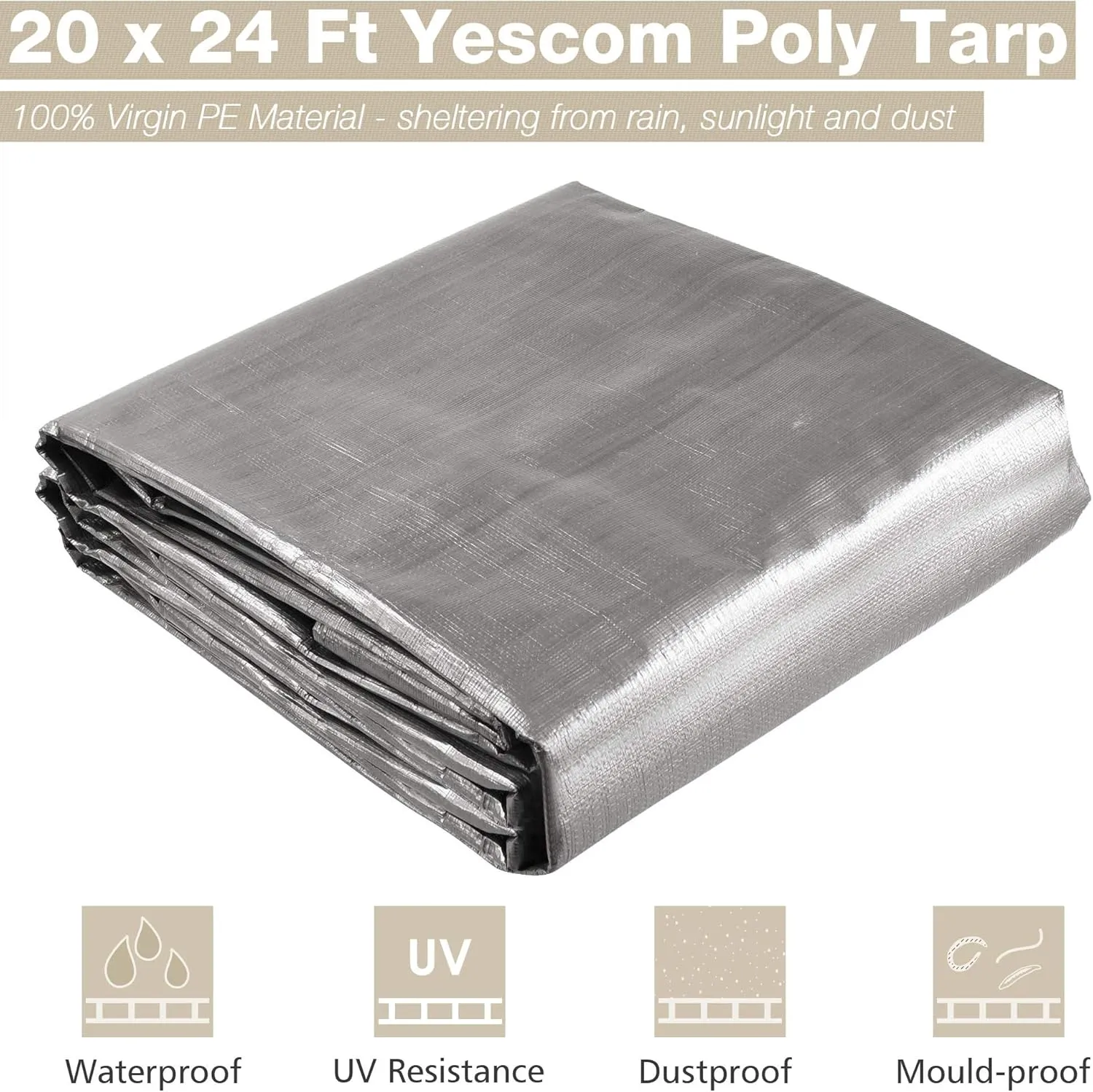 Yescom 20x24FT 14 Mil Heavy Duty Reinforced Poly Tarp Reversible Waterproof Tarpaulin Ground Sheet Cover Reversible Silver Black Tarps