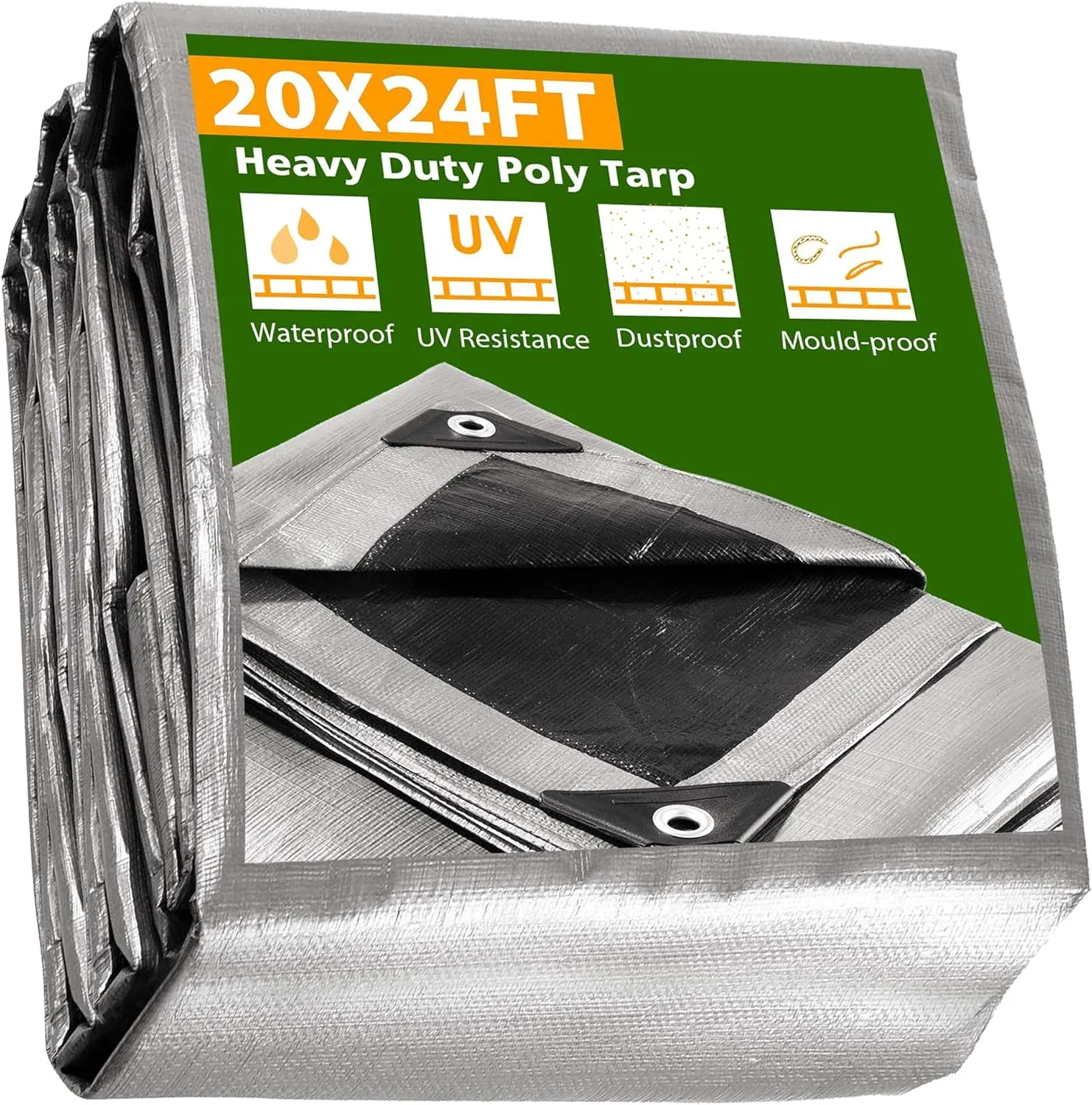 Yescom 20x24FT 14 Mil Heavy Duty Reinforced Poly Tarp Reversible Waterproof Tarpaulin Ground Sheet Cover Reversible Silver Black Tarps