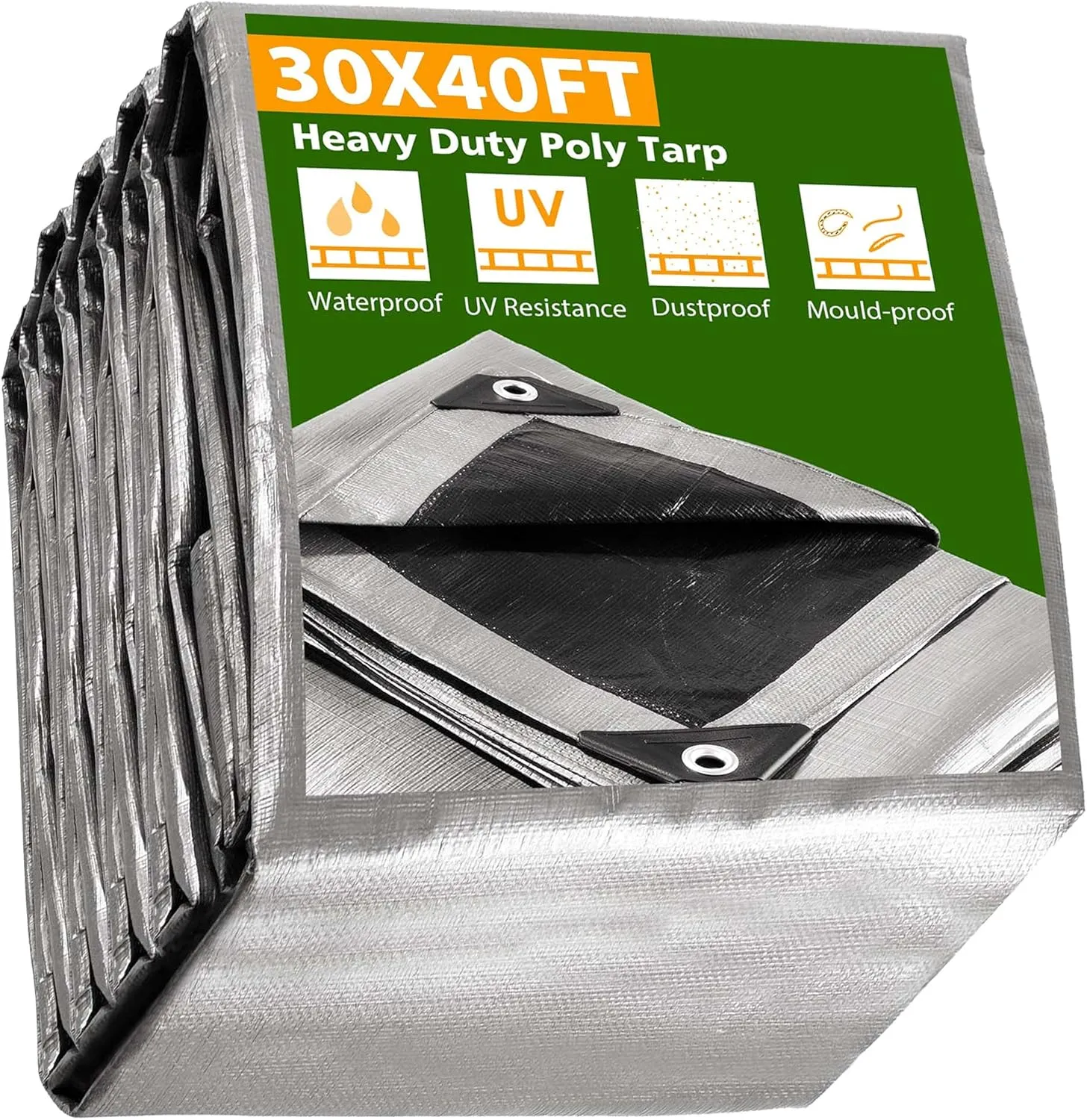 Yescom 30x40ft Heavy Duty Reinforced Poly Tarp Waterproof Tarpaulin 10-mil Ground Sheet Camping Tent Cover with Eyelets Reversible Silver Black Tarps