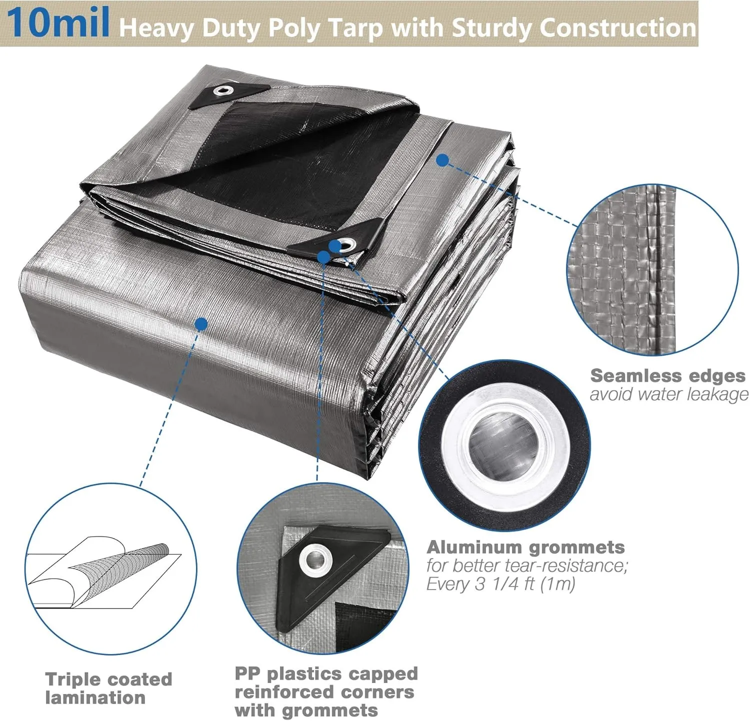 Yescom 30x40ft Heavy Duty Reinforced Poly Tarp Waterproof Tarpaulin 10-mil Ground Sheet Camping Tent Cover with Eyelets Reversible Silver Black Tarps
