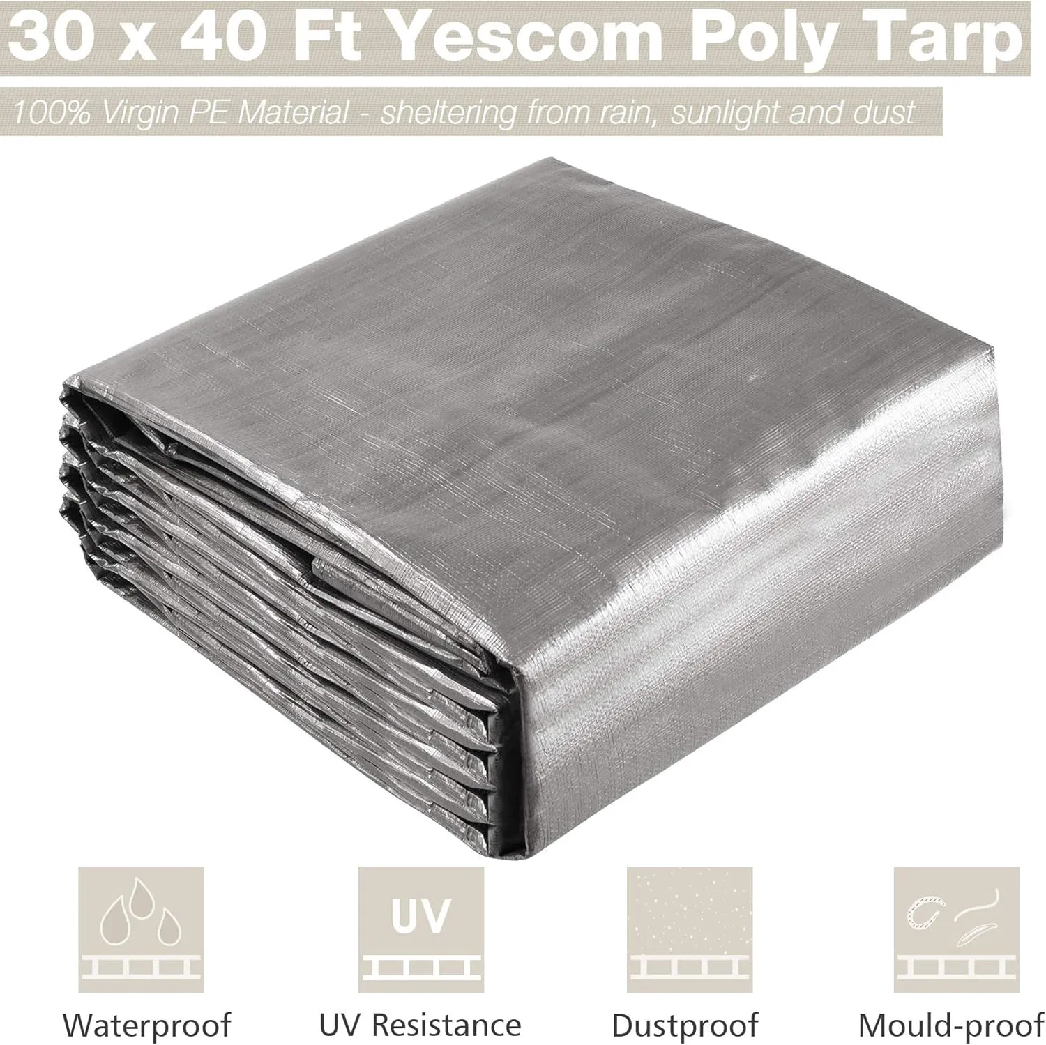 Yescom 30x40ft Heavy Duty Reinforced Poly Tarp Waterproof Tarpaulin 10-mil Ground Sheet Camping Tent Cover with Eyelets Reversible Silver Black Tarps