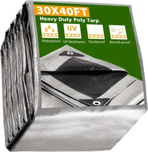 Yescom 30x40ft Heavy Duty Reinforced Poly Tarp Waterproof Tarpaulin 10-mil Ground Sheet Camping Tent Cover with Eyelets Reversible Silver Black Tarps