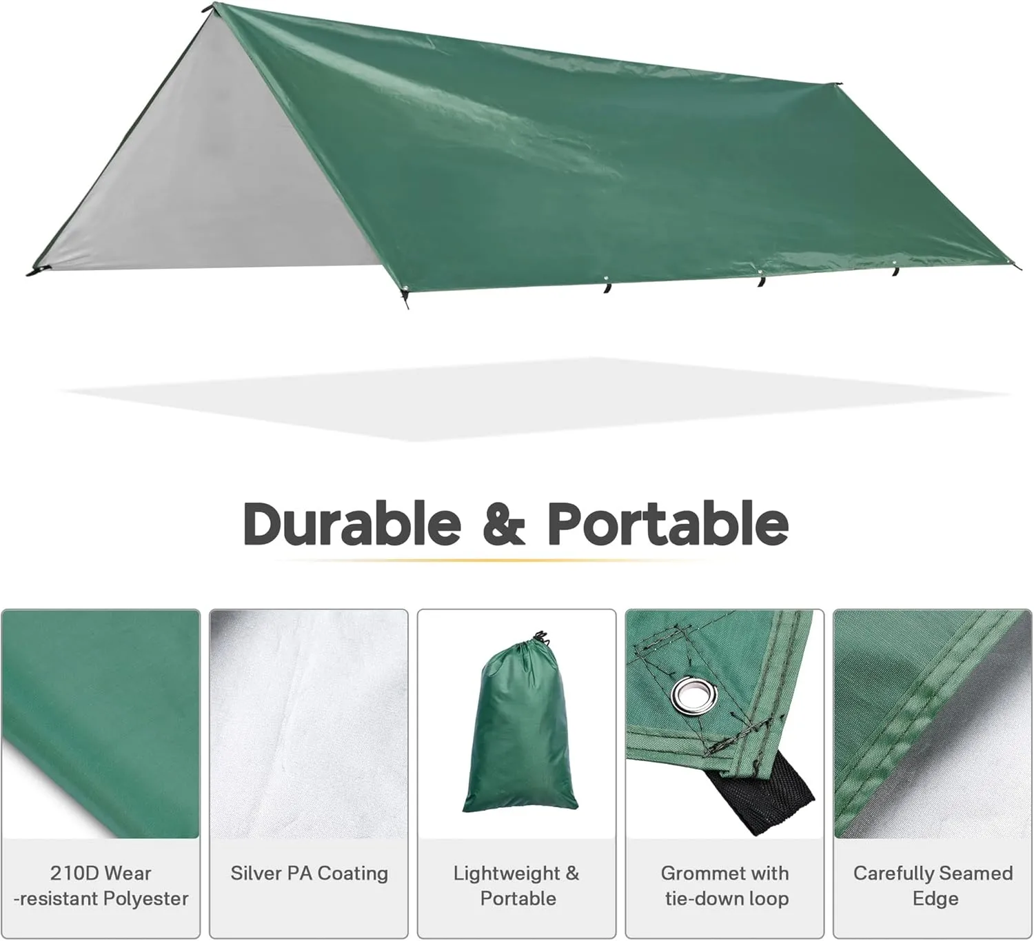 Yescom Hammock Rain Fly Waterproof Tent Tarp, 210D Oxford, UV Protection and PU3000mm Lightweight Shelter Canopy Including Accessories for Camping, Backpacking and Outdoor Adventure (Green-10x13FT)