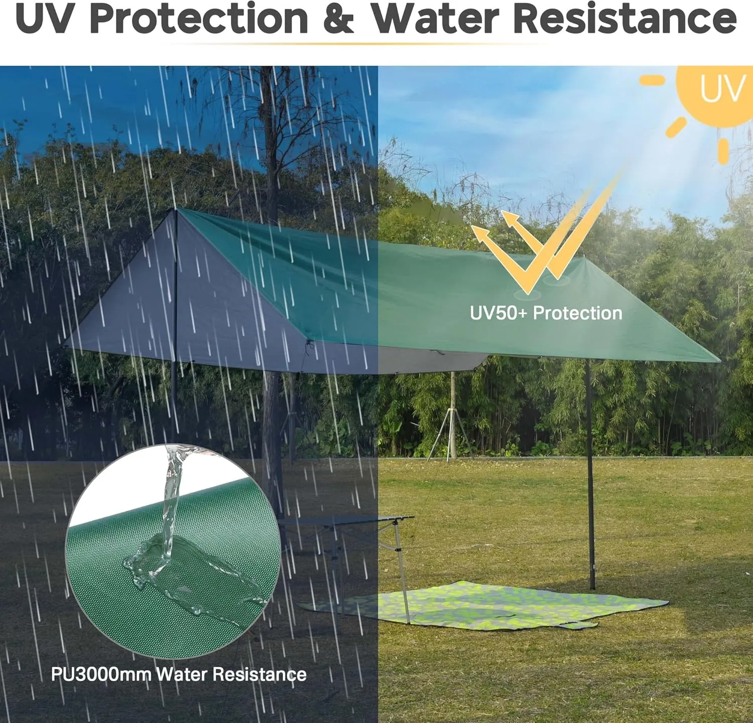 Yescom Hammock Rain Fly Waterproof Tent Tarp, 210D Oxford, UV Protection and PU3000mm Lightweight Shelter Canopy Including Accessories for Camping, Backpacking and Outdoor Adventure (Green-10x13FT)