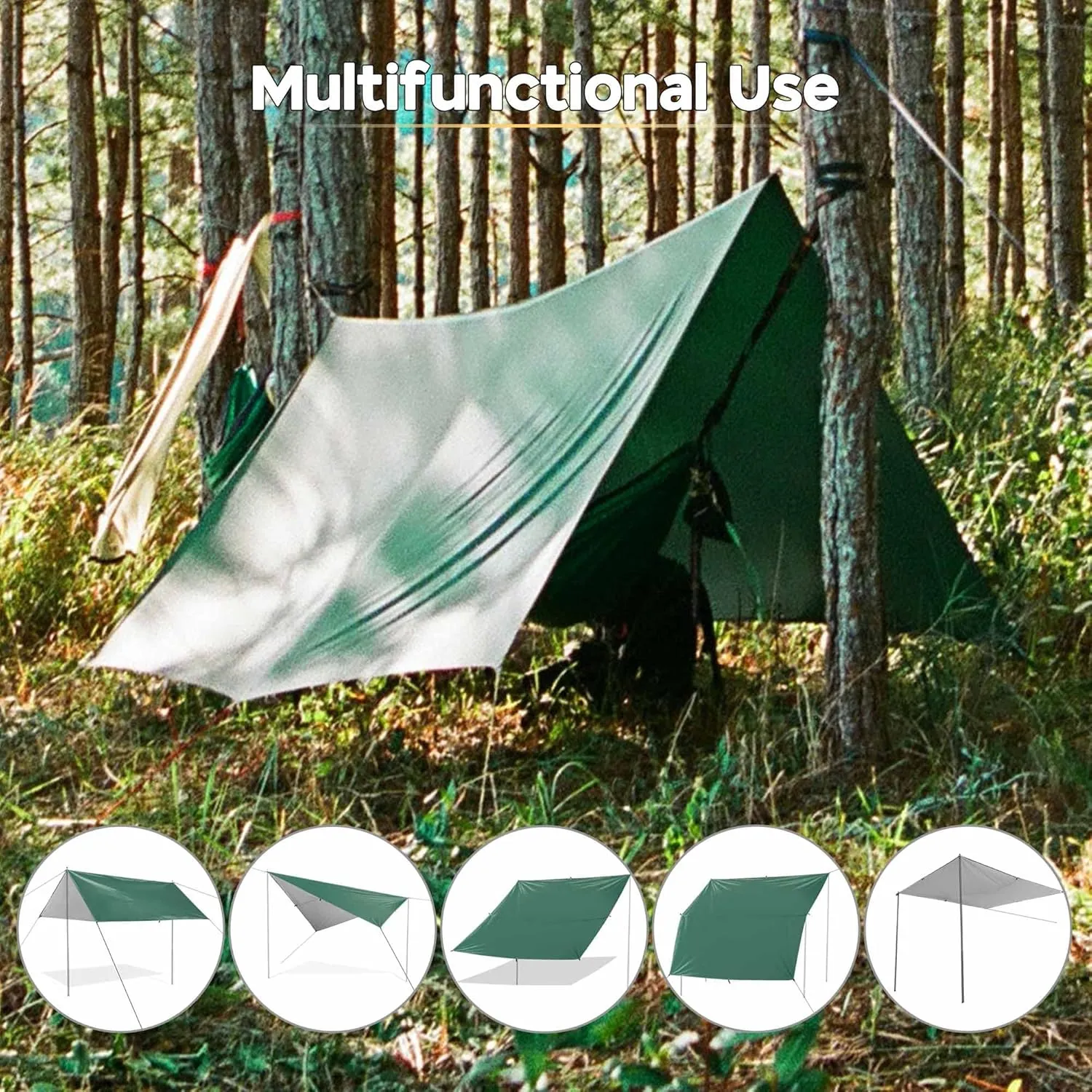 Yescom Hammock Rain Fly Waterproof Tent Tarp, 210D Oxford, UV Protection and PU3000mm Lightweight Shelter Canopy Including Accessories for Camping, Backpacking and Outdoor Adventure (Green-10x13FT)