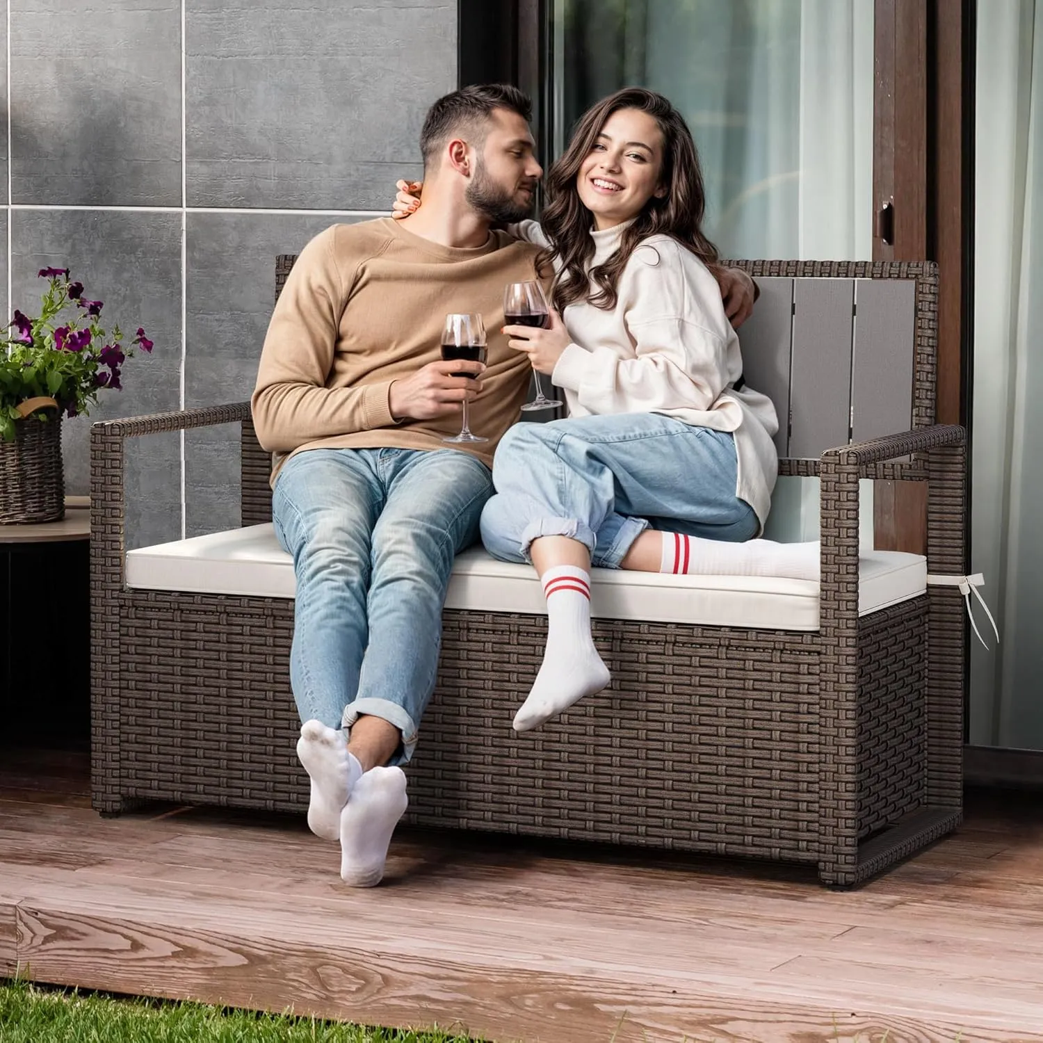 YITAHOME 70 Gallon All-Weather PE Rattan Storage Bench, Waterproof Deck Box Seat for Patio Furniture, Outdoor Cushions, Pool & Garden Tools, Brown