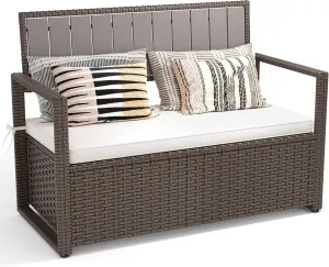 YITAHOME 70 Gallon All-Weather PE Rattan Storage Bench, Waterproof Deck Box Seat for Patio Furniture, Outdoor Cushions, Pool & Garden Tools, Brown