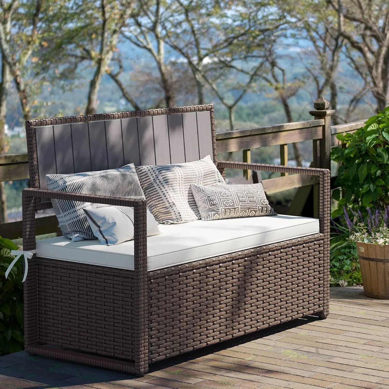 YITAHOME 70 Gallon All-Weather PE Rattan Storage Bench, Waterproof Deck Box Seat for Patio Furniture, Outdoor Cushions, Pool & Garden Tools, Brown