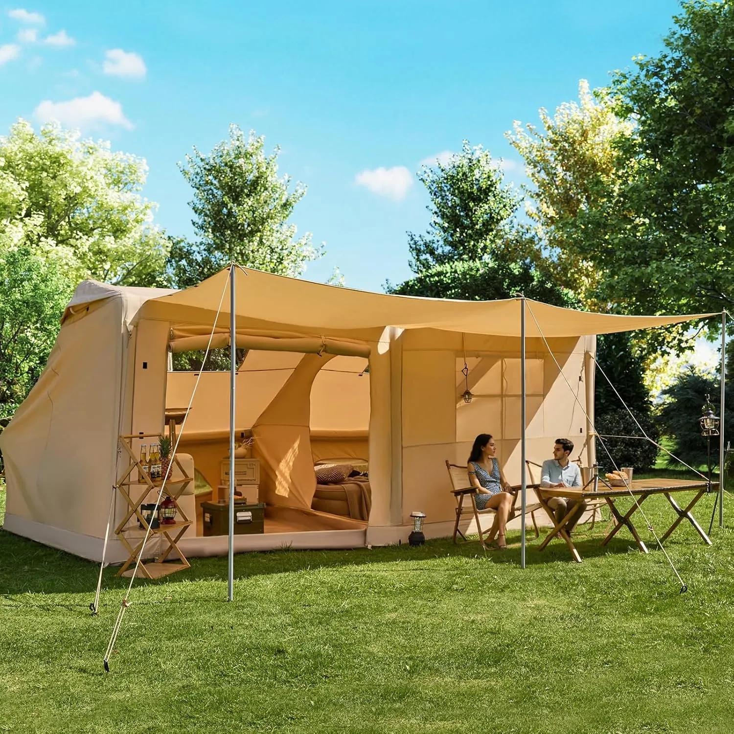 Yoleny 4/6/8/10/12 Person Inflatable Camping Tent with Extended Canopy, Mesh Windows & Pump, 4 Season Glamping Tent with 1-2 Room, Upgraded Waterproof Oxford, Easy Setup