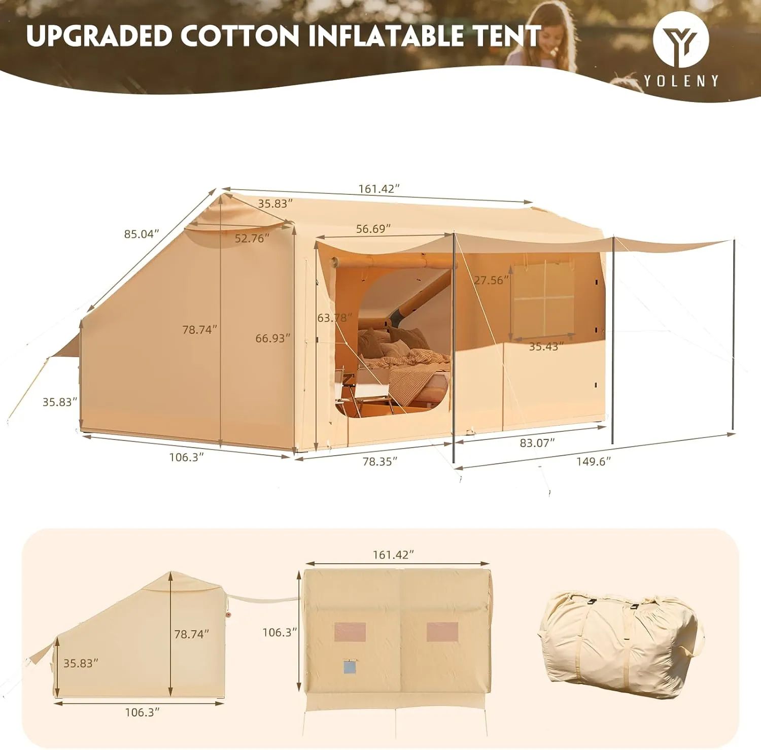 Yoleny 4/6/8/10/12 Person Inflatable Camping Tent with Extended Canopy, Mesh Windows & Pump, 4 Season Glamping Tent with 1-2 Room, Upgraded Waterproof Oxford, Easy Setup