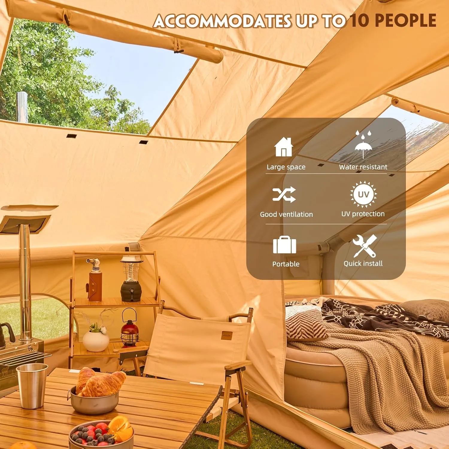 Yoleny 4/6/8/10/12 Person Inflatable Camping Tent with Extended Canopy, Mesh Windows & Pump, 4 Season Glamping Tent with 1-2 Room, Upgraded Waterproof Oxford, Easy Setup