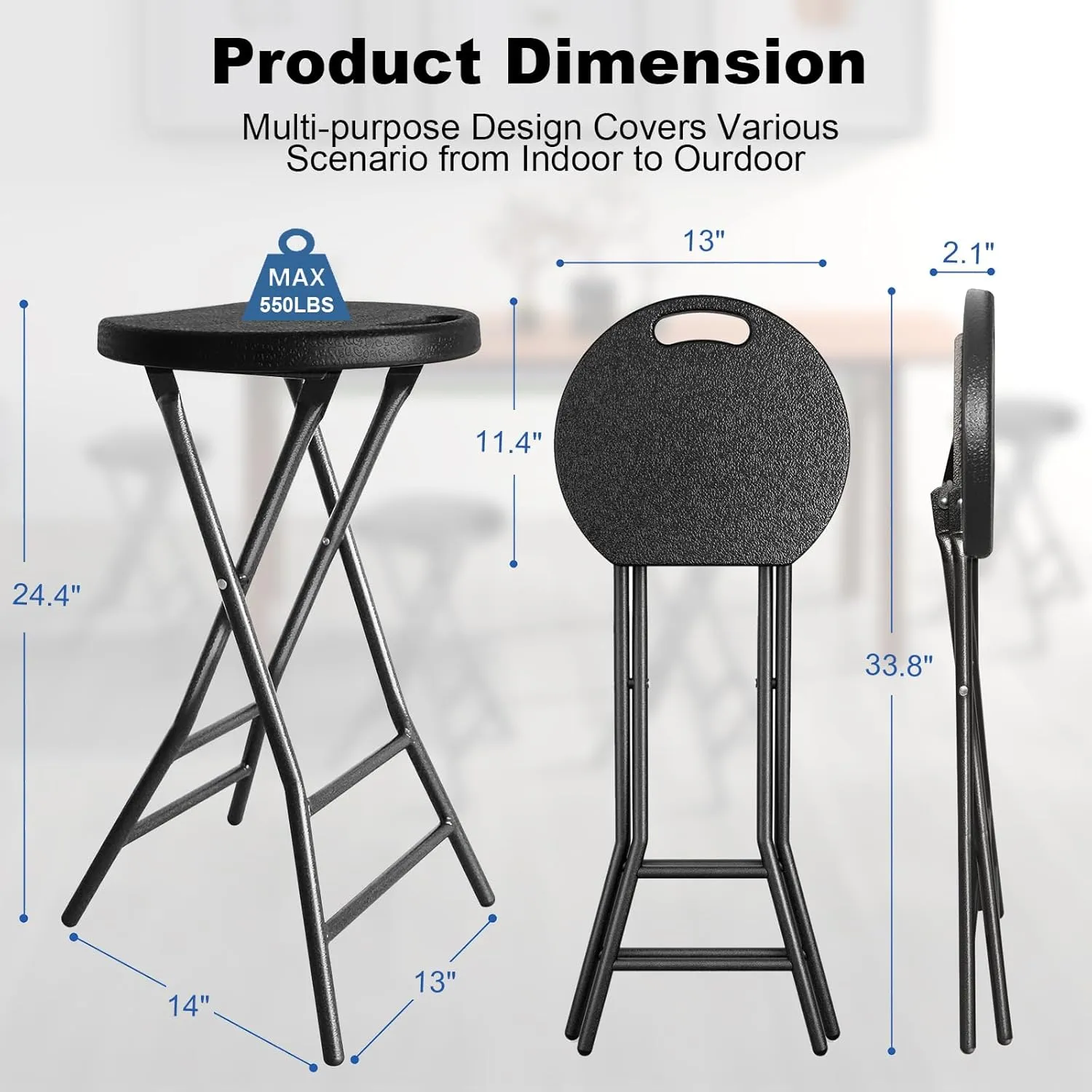 YOMT Folding Stools for Adults Portable, Backless 24 inch Folding Bar Stools, Heavy Duty Foldable Stools with Handle for Kitchen Counter Room Home Camping Indoor Outdoor, Set of 2