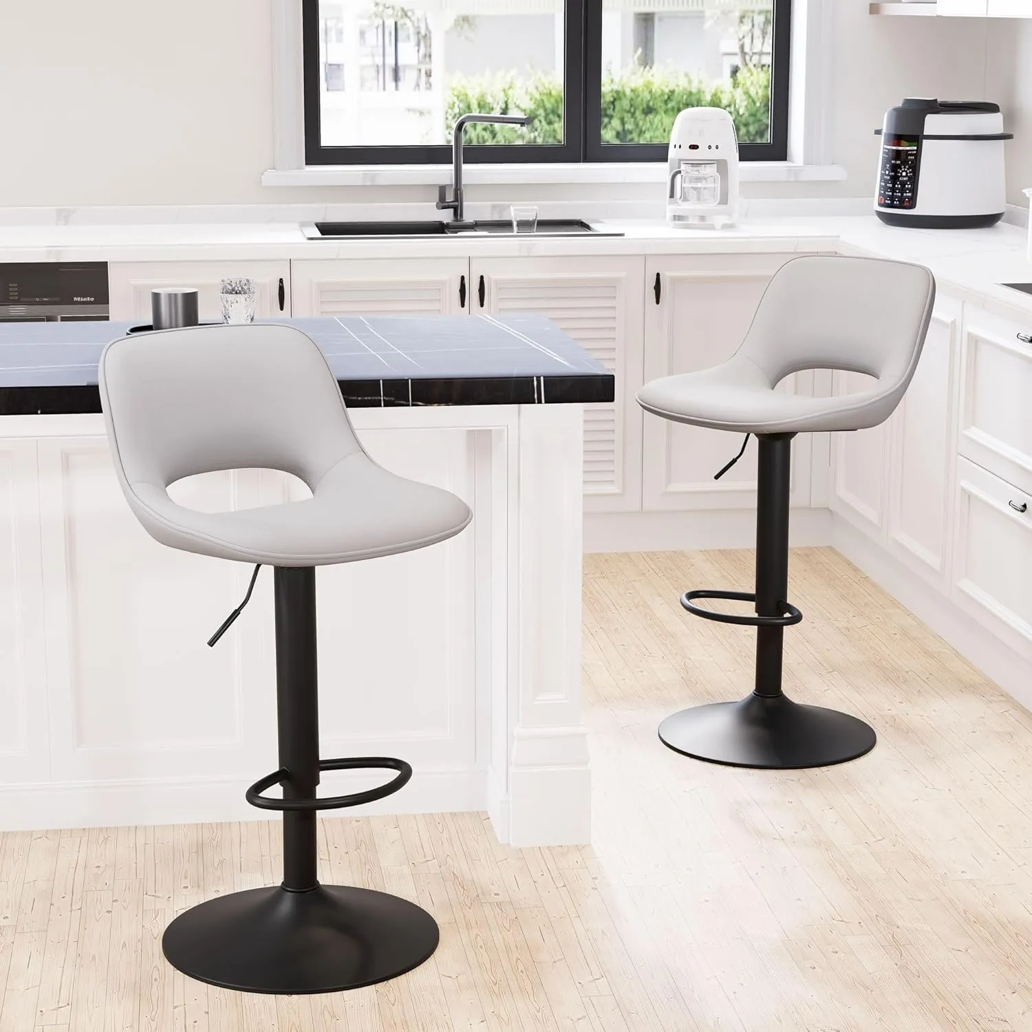 YOUNIKE Bar Stools Set of 2 Modern Swivel Barstools, Adjustable Counter Height Bar Stools Faux Leather Upholstered Counter Stools with Hollow Back for Kitchen Island, Grey