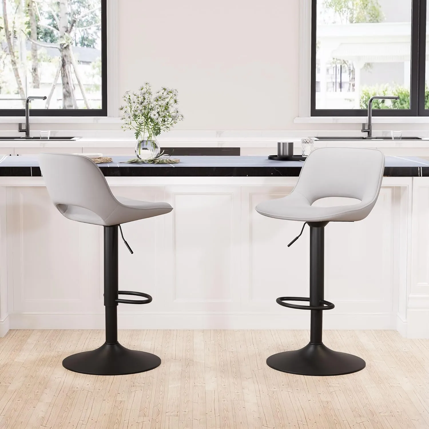 YOUNIKE Bar Stools Set of 2 Modern Swivel Barstools, Adjustable Counter Height Bar Stools Faux Leather Upholstered Counter Stools with Hollow Back for Kitchen Island, Grey