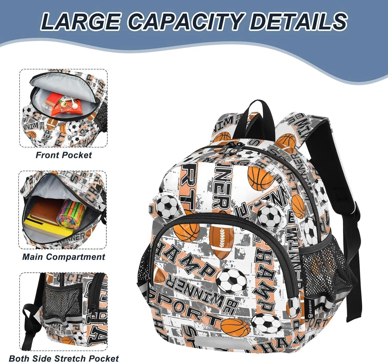 ZAZYXTJ Personalized Basketball Football Ball Kids Backpack for Boys Girls Toddler School Bag with Chest Strap Ears Preschool Backpack 3-6 Years Old
