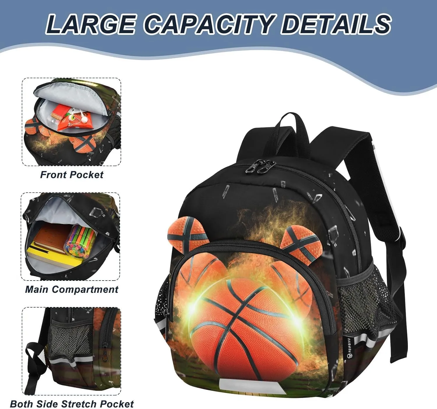 ZAZYXTJ Personalized Basketball Kids Backpack for Boys Girls Toddler School Bag with Chest Strap Ears Preschool Backpack 3-6 Years Old