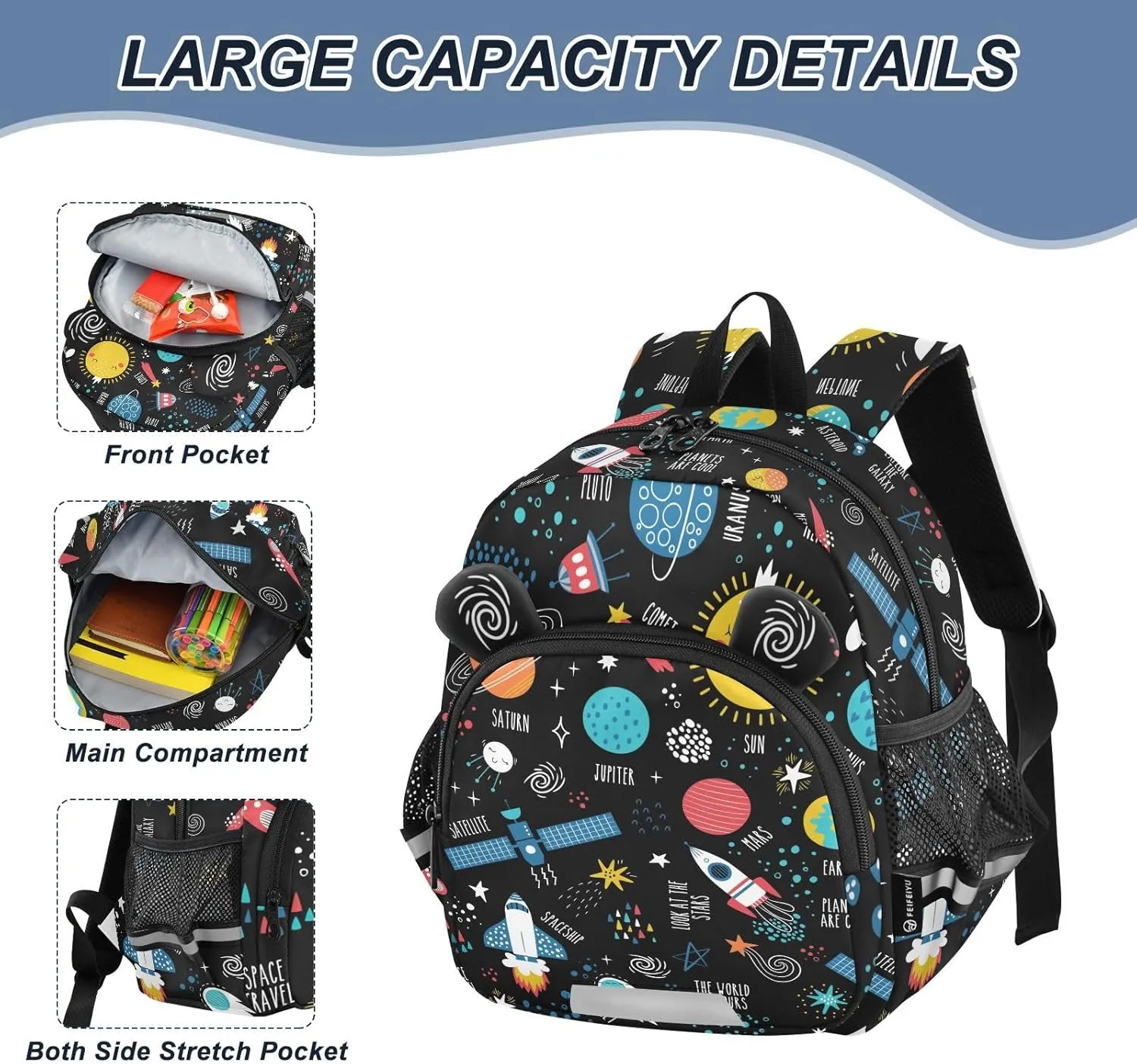 ZAZYXTJ Personalized Space Kids Backpack for Boys Girls Toddler School Bag with Chest Strap Ears Preschool Backpack 3-6 Years Old