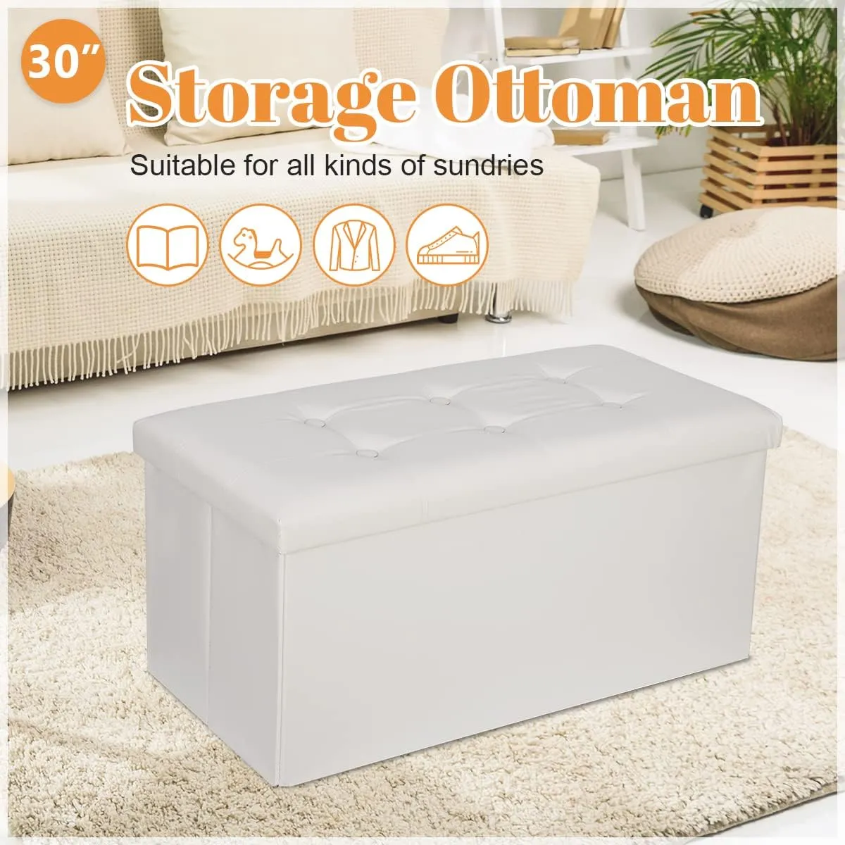 ZenStyle 30Inches Storage Ottoman Bench, Folding Footrest Stool, Storage Chest Long Shoes Bench with Foam Padded Seat, Holds up to 350 lbs, for Living Room, Entryway, Bedroom