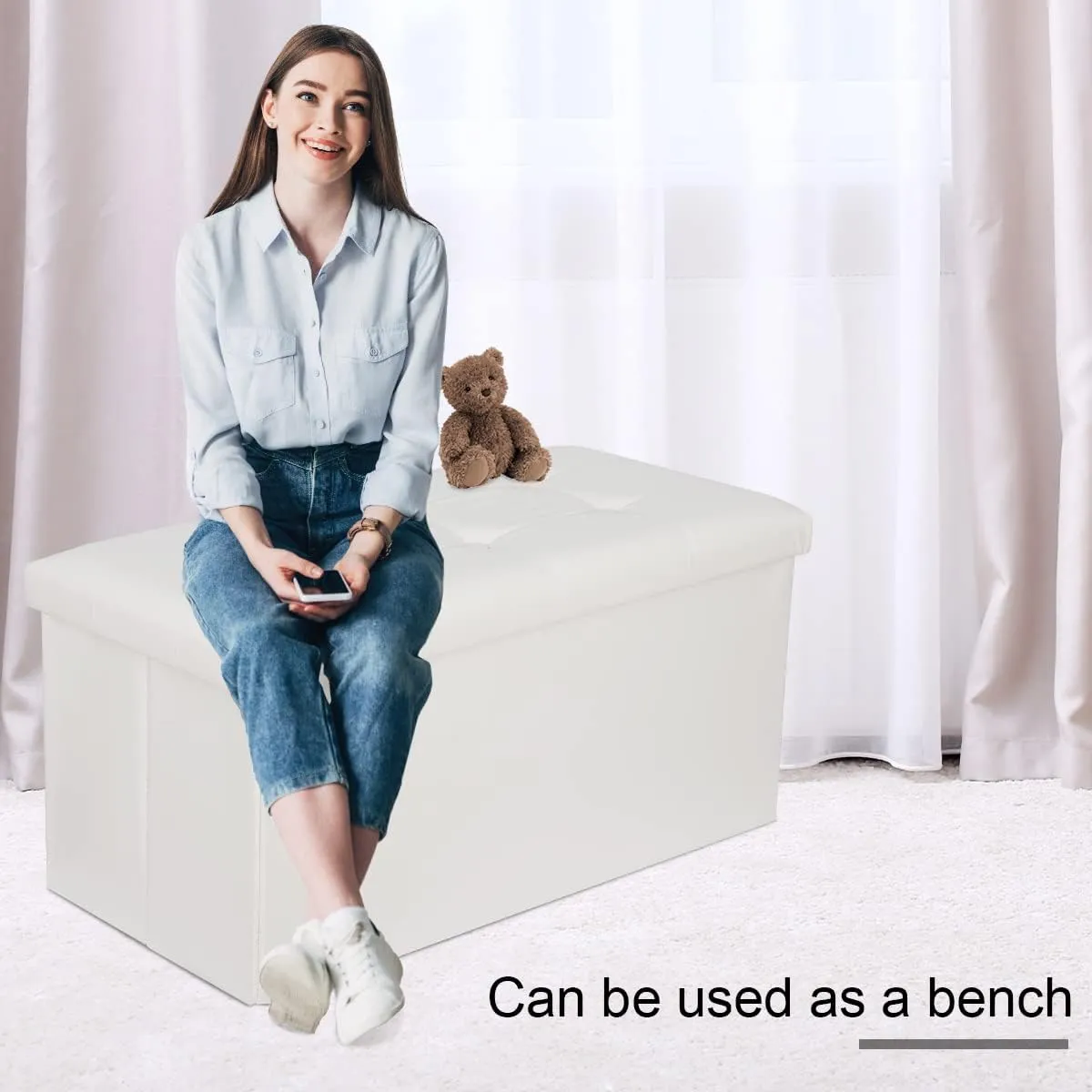 ZenStyle 30Inches Storage Ottoman Bench, Folding Footrest Stool, Storage Chest Long Shoes Bench with Foam Padded Seat, Holds up to 350 lbs, for Living Room, Entryway, Bedroom